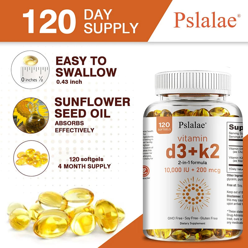 Vitamin D3 10000 IU with K2 200 Mcg | 2 in 1 Support Immune, Heart, Joint, Teeth & Bone Health