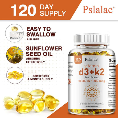 Vitamin D3 10000 IU with K2 200 Mcg | 2 in 1 Support Immune, Heart, Joint, Teeth & Bone Health