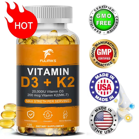 Vitamin D3 K2 Capsule - 20,000 IU Vitamin D3 Promotes Strong Bones, Calcium Absorption, Teeth, Heart, Cardiovascular Health